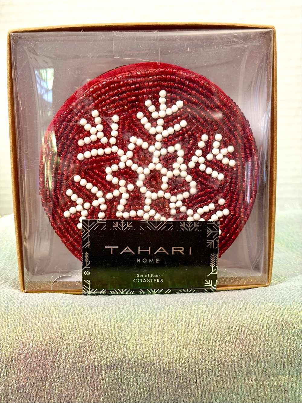 Tahari Snowflake Sparkle Coasters Beaded Red